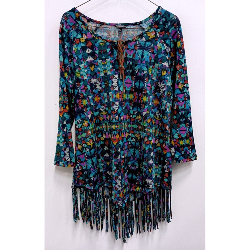 Hannah BOHO‎ Artsy Tunic Top Womens Large Aztec Print Fringe 3/4 Sleeve Casual